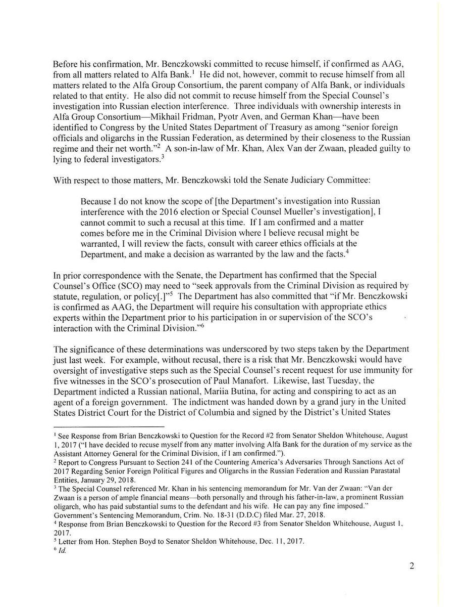 SenFeinstein's tweet image. The head of the DOJ’s Criminal Division, Brian Benczkowski, represented a Russian bank suspected of communicating with the Trump campaign during the 2016 election. He must recuse himself from all aspects of the Special Counsel investigation to avoid any conflicts of interest.