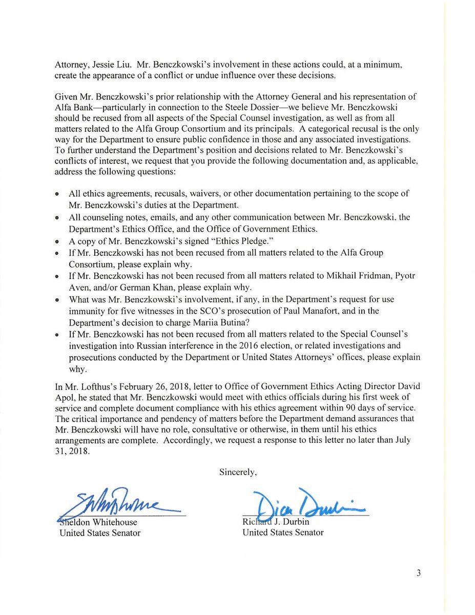 SenFeinstein's tweet image. The head of the DOJ’s Criminal Division, Brian Benczkowski, represented a Russian bank suspected of communicating with the Trump campaign during the 2016 election. He must recuse himself from all aspects of the Special Counsel investigation to avoid any conflicts of interest.