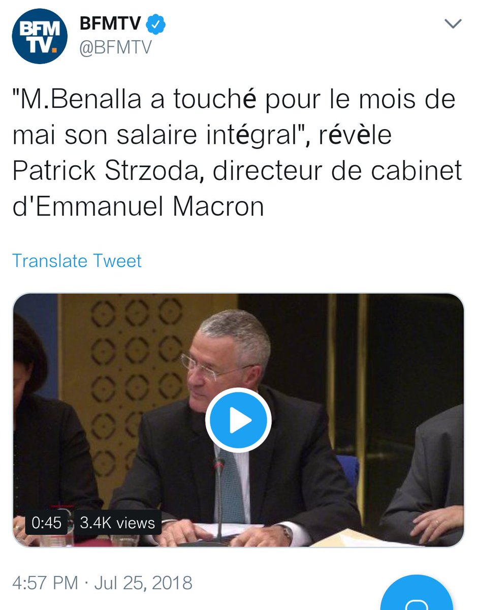 KimJongUnique's tweet photo. Benalla a donc pris 15 jours de congés payés, en guise de sanction. La retenue ne s'est faite que sur le reliquat de congés de 2017. C'est une blague! Macron a donc couvert les agissements de Benalla. #DirectSénat https://t.co/eVKbzyUmMB