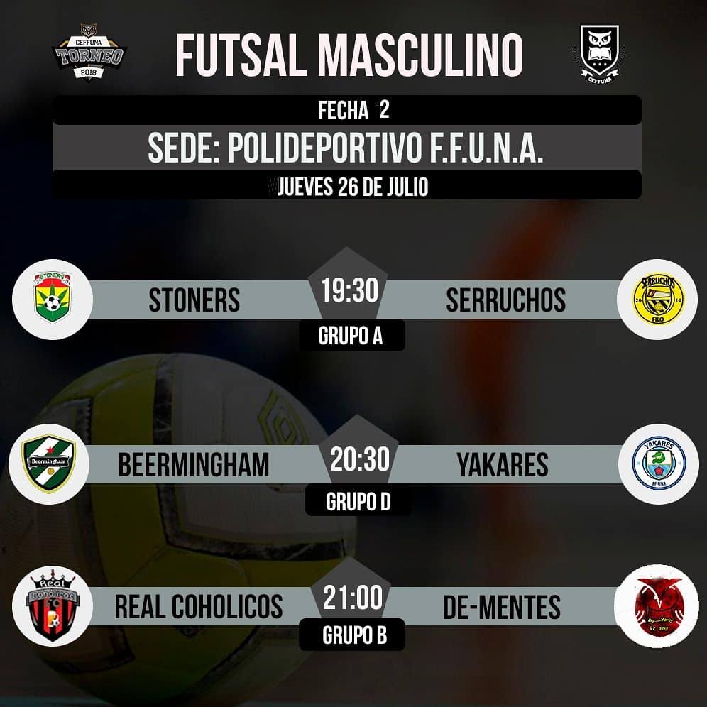 DeportesCeffuna's tweet photo. 📆 Te presentamos la Programación de la Segunda Fecha de Futsal Masculino del Torneo CEFFUNA 2018. https://t.co/X4NBDas2Sr