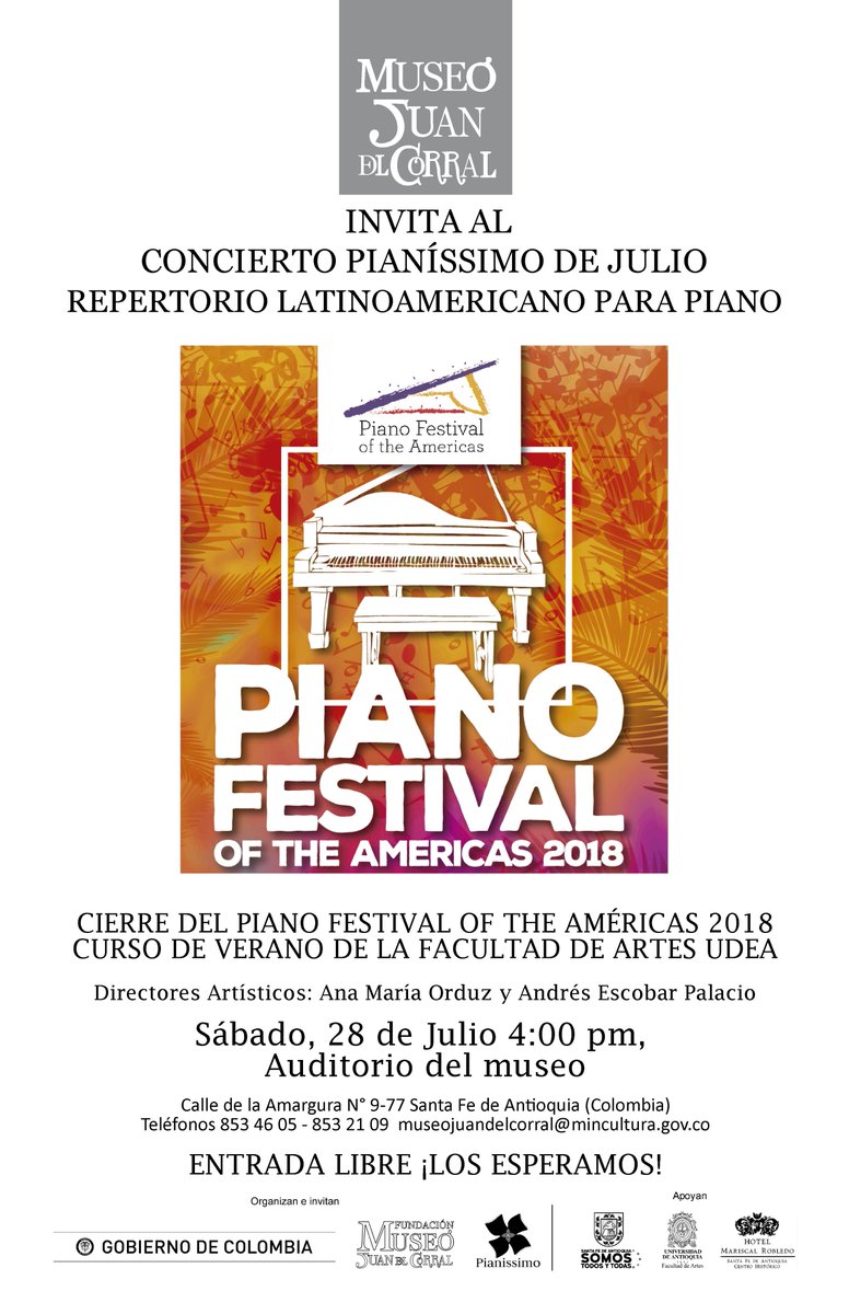 Museo Juan del Corral, extiende una cordial invitación a todos sus amigos al concierto | “PIANÍSSIMO DE JULIO” ÚLTIMO CONCIERTO DE PIANO, FESTIVAL OF THE AMÉRICA

Este Sábado, 28 de julio
Hora, 04:00 p.m.
EN EL AUDITORIO DEL MUSEO

¡Entrada libre ¡los esperamos!