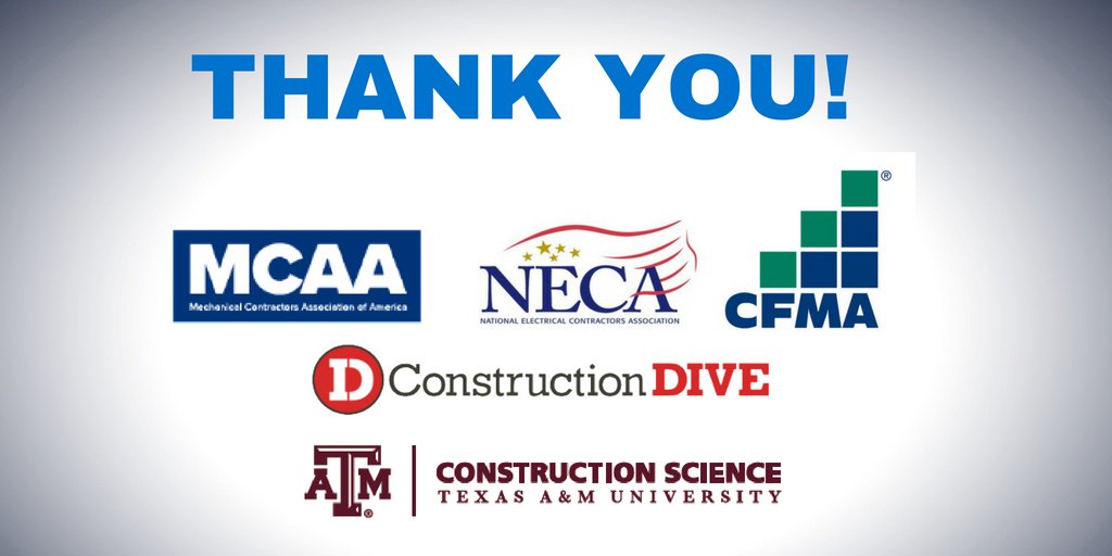 JBKnowledge's tweet image. We want to take a minute to appreciate our AMAZING sponsors of the #ConTechSurvey @constructdive , @TAMU Construction Science, @MCAANews, @CFMA &amp;amp; @necanet! Take the survey today at hubs.ly/H0d6Krl0
