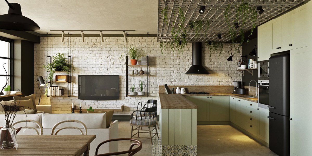 Scandinavian open living and kitchen in pastel tones #interiordesign #abudhabidesign #interiorsUAE #UAEinteriordesign #decor #interiors #concretewall #tiledecor
