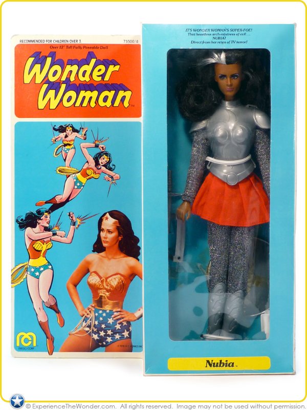 In the same year, the Mego Corporation produced a Nubia doll to tie-in with the show, advertised as "Wonder Woman's super-foe". Wearing a gladiator-styled costume modeled on one that Graves would have worn in the series, and resembling a uniform Nubia wore in the comic book...
