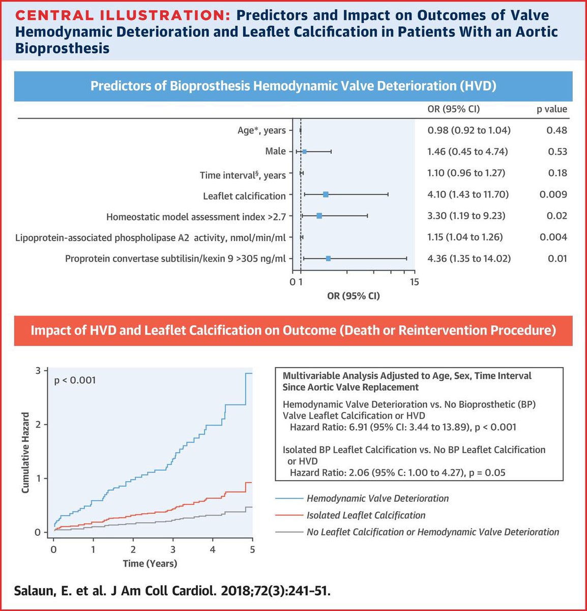 New study: Hemodynamic Valve Deterioration (HVD) of surgical aortic bioprosthesis by Doppler echo, independently associated with valve reintervention or mortality. A dysmetabolic profile and leaflet calcification by CT were strong predictors of HVD. #JACC 
onlinejacc.org/content/72/3/2…