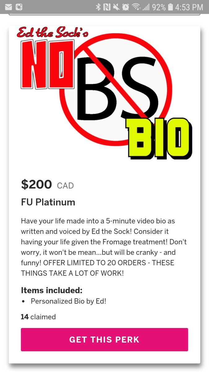 There's only SIX No BS Bios left!

Let me Fromage Roast your life for 5 minutes AND get VIP tickets to our wrap party AND get Ed The Sock Socks AND get 4 episodes of classic Fromage AND get an exclusive, monthly group hang out with me, Ed The Sock

$200!!
IGG.ME/AT/FUNETWORKTV