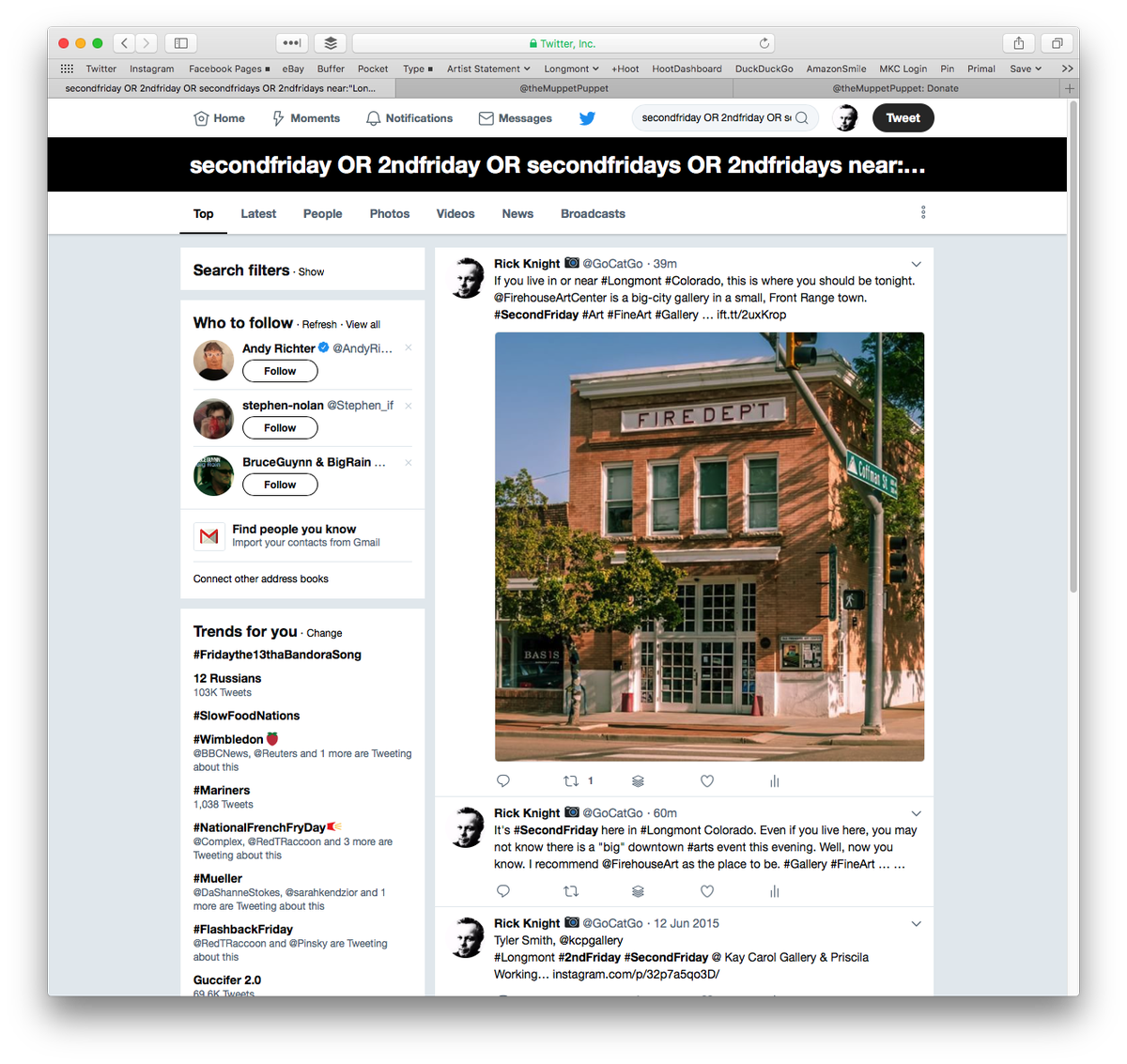GoCatGo's tweet image. It seems bizarre to me that the three top tweets for #SecondFriday in #Longmont are mine. What is completely astounding is that one of these three tweets is from 2015. #SocialMedia #Arts …