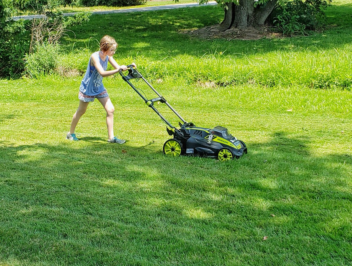 Absolutely love sharing mowing duties with my tween thanks to the quiet, powerful, push button start, self-propelled @RYOBIpowertools brushless battery powered mower. #ad