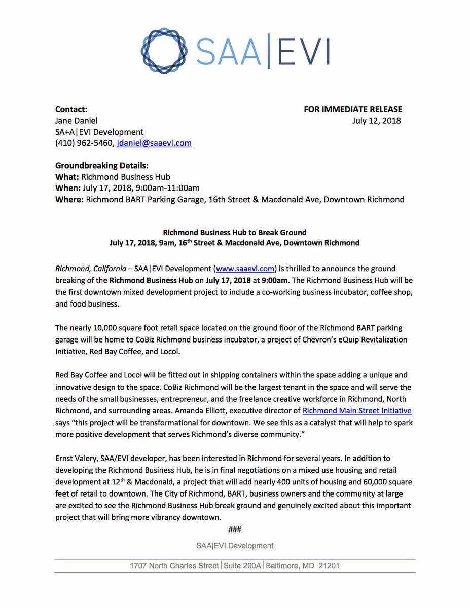 #pressrelease 
Richmond Business Hub Groundbreaking
When: Tuesday, July 17, 2018
Time: 9:00am-11:00am
Where: Richmond BART Parking Garage, 16th St &amp; Macdonald Ave, Downtown Richmond <a href="/RMSI/">Richmond Main Street</a> <a href="/supejohngioia/">John Gioia</a> <a href="/SFBART/">BART</a> <a href="/ChevronRichmond/">Chevron Richmond</a> <a href="/RichmonStandard/">RichmonStandard</a> <a href="/HealthyRichmond/">Healthy Richmond</a> <a href="/EastBayTimes/">East Bay Times</a>
