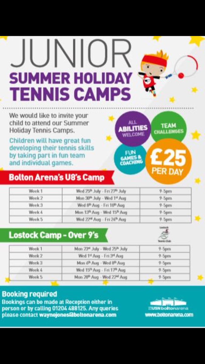Come and join our tennis camps this summer for some fun and action packed days! All abilities welcome, limited spaces so please book asap to ensure your place, Mini tennis camps will be held at Bolton arena and junior camps at Lostock tennis club!@TennisinBolton @BoltonArena🎾