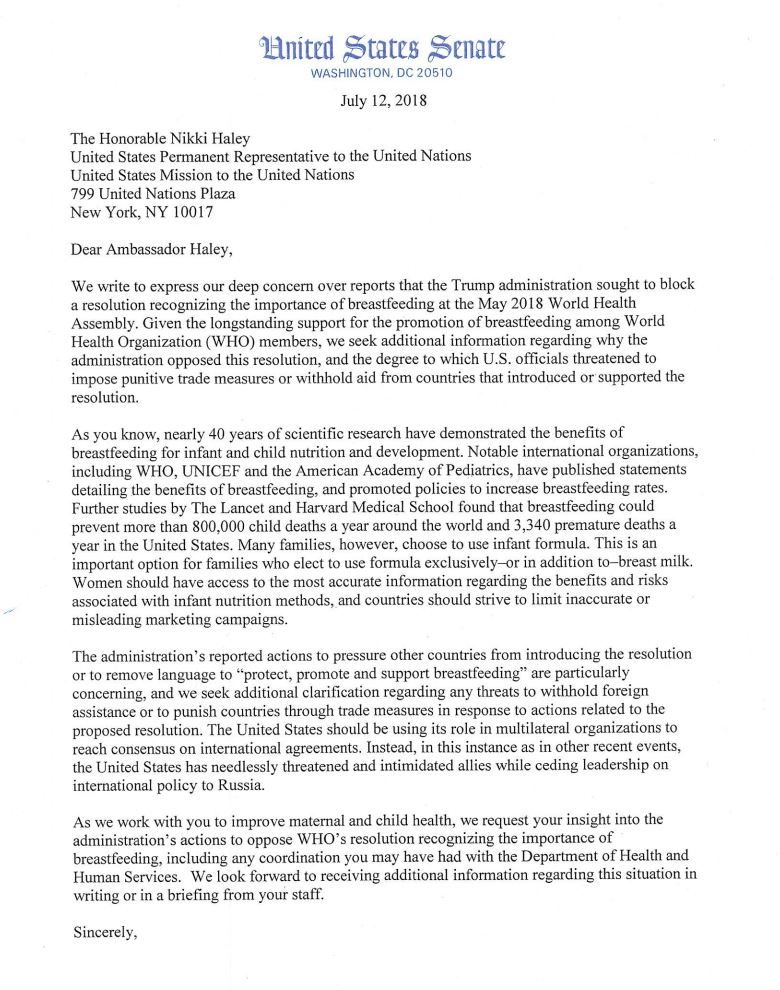 SenatorCardin's tweet photo. I've joined my colleagues in asking UN Ambassador @nikkihaley to explain the deeply disturbing reports that the U.S. sought to block or water down a World Health Organization resolution promoting breastfeeding. The U.S. should be steadfast in promoting public health. https://t.co/jbbCkTl8Nf