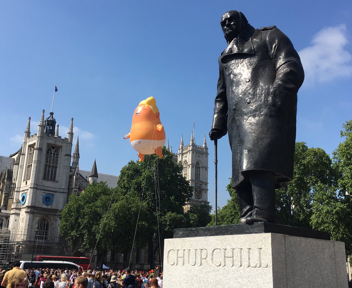Two symbols. Churchill. Trump. Outside Parliament today in London. #TrumpVisitsUK