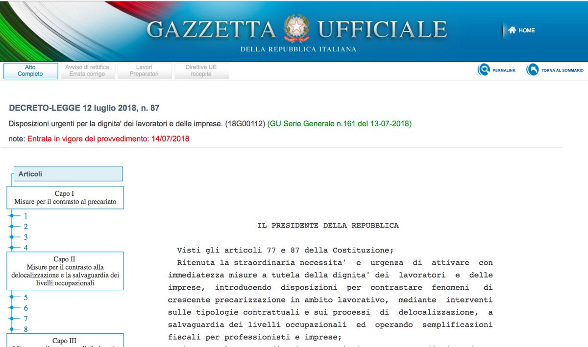 Finalmente in Gazzetta Ufficiale il decreto-legge n. 87/2018 (cd decreto dignità) adottato il 2 luglio. A questo link gazzettaufficiale.it/atto/serie_gen… il testo del decreto che solleva molti dubbi (formali e sostanziali) sul rispetto da parte del Governo di quanto stabilisce l'art. 77 Cost