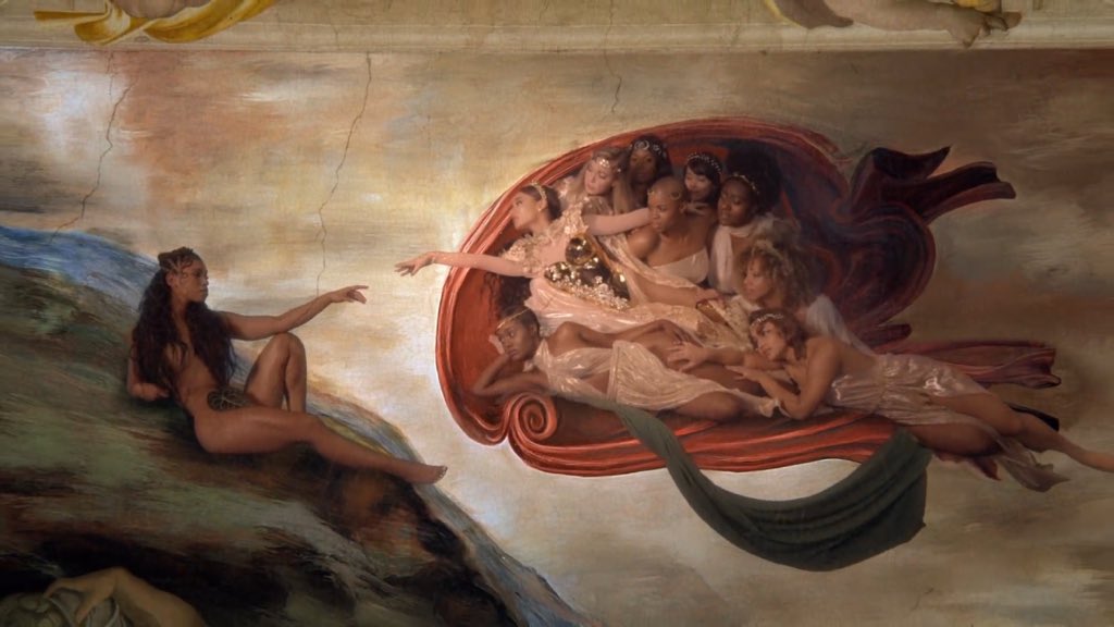 god appearing in different forms
lady gaga the birth of venus (2013) / ariana grande the creation of adam (2018)