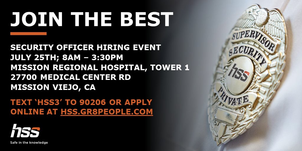 jstone1231's tweet photo. #JointheBest as a Security Officer at Mission Regional Hospital in Mission Viejo, CA. Stop by our hiring event on July 25th from 8AM – 3:30PM at 27700 Medical Center Rd (Tower 1), and be prepared to interview onsite. In the meantime, text “HSS3” to 90206 to learn more. https://t.co/SnU3rwe4AM