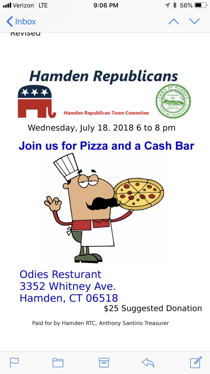 Reminder: Hamden Republican Town Committee Fundraiser, Wednesday, July 18 at 6pm at Odies Bar and Grill in Hamden. We will watch the Republican Debate and take a Straw Poll! Bring a friend!!
