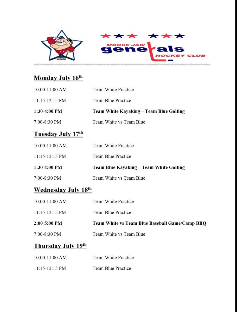 Here’s the schedule for next weeks camp to finalize our team. Not putting on rosters due to privacy. Good luck everyone
