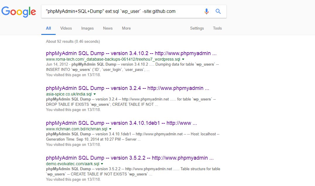 tiger_tigerboy's tweet photo. SQL dump files of WordPress sites. Containing username and password hash #Google_Dork https://t.co/LhMVGWJ6Jb