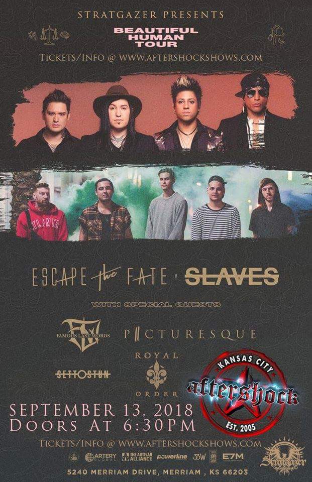 RoyalOrderKC's tweet photo. It's official. We're opening up for @EscapeTheFate , @SLAVESOFFICIAL , @picturesqueband , @famouslastwords , and @SETTOSTUNband . We couldn't be more grateful for this opportunity. Look forward to seeing everyone out there!
#escapethefate #thebeautifulhumantour #slavesofficial https://t.co/RWbtMxtkXf