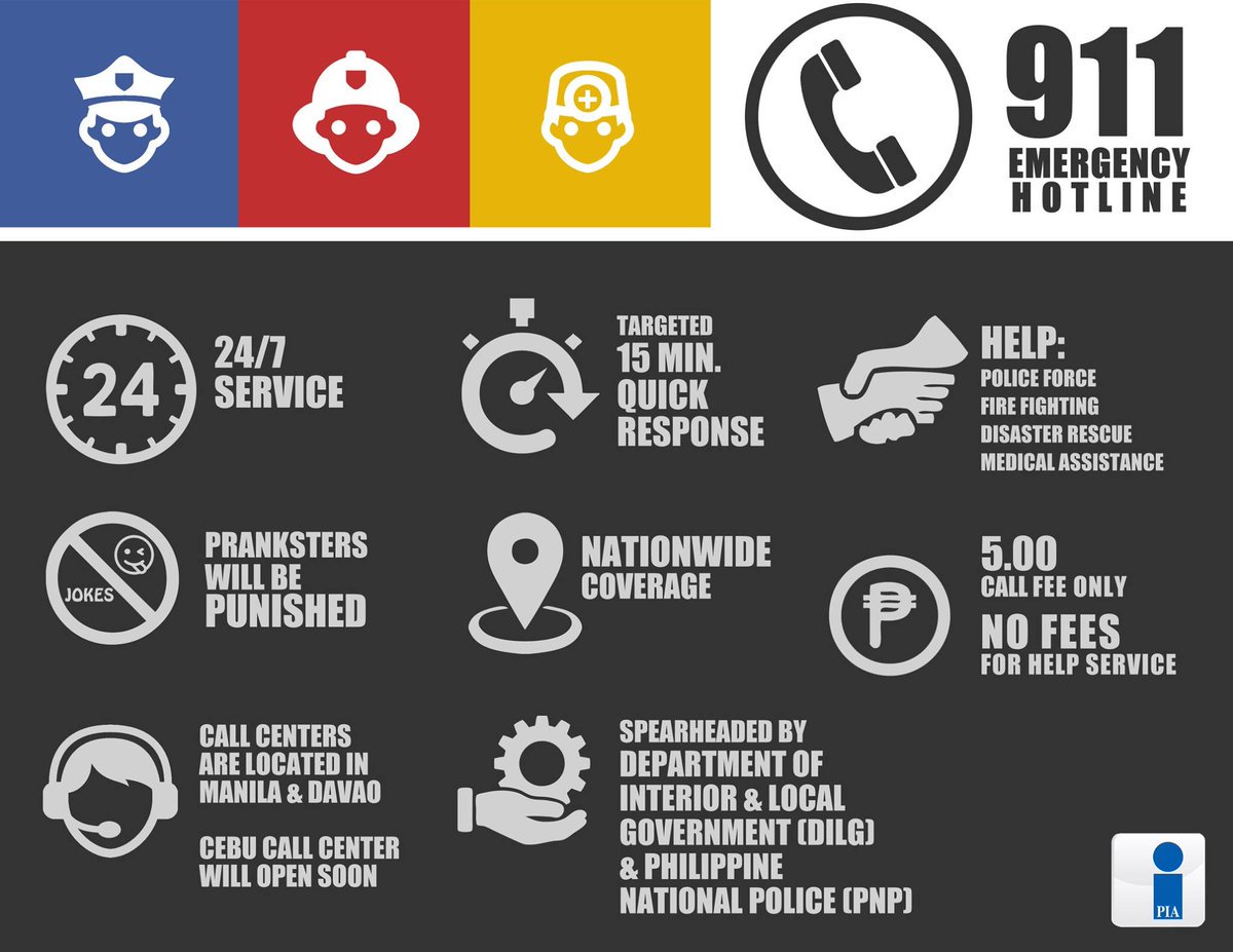PIADesk's tweet photo. The 911 #Emergency Response Hotline is available for all.
Use it wisely and responsibly.
#911Ph | #TunaynaPagbabago | #Disiplina https://t.co/I1aAZGgnr6