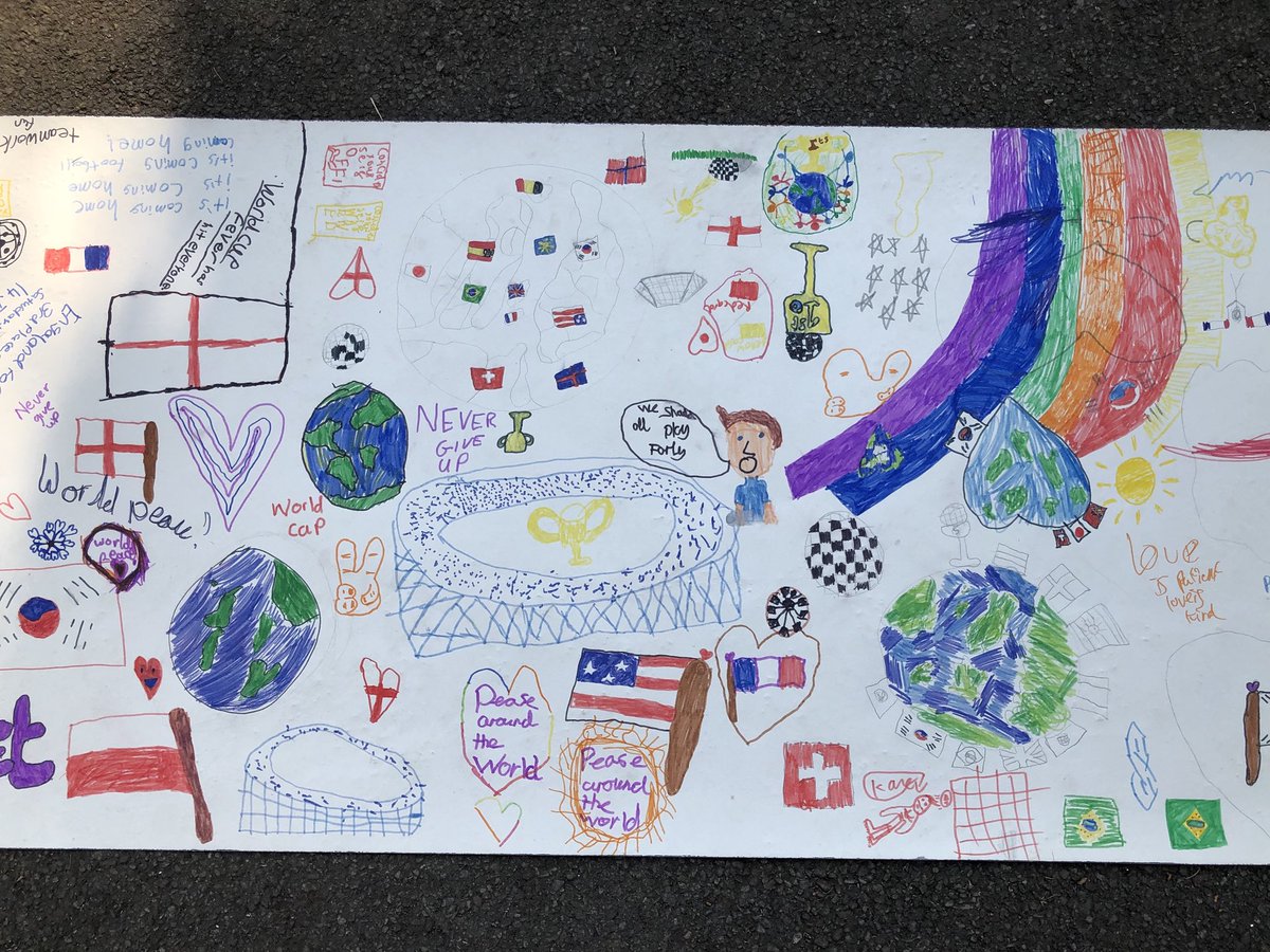 MissRReece's tweet photo. What a beautiful homage to the #WorldCup and an #unitedworld! It was all about #peace and #love today in KS2 @StMarysRCSch when we celebrated the World Cup and how it’s bringing so many people #together https://t.co/5F5O1QO3pR
