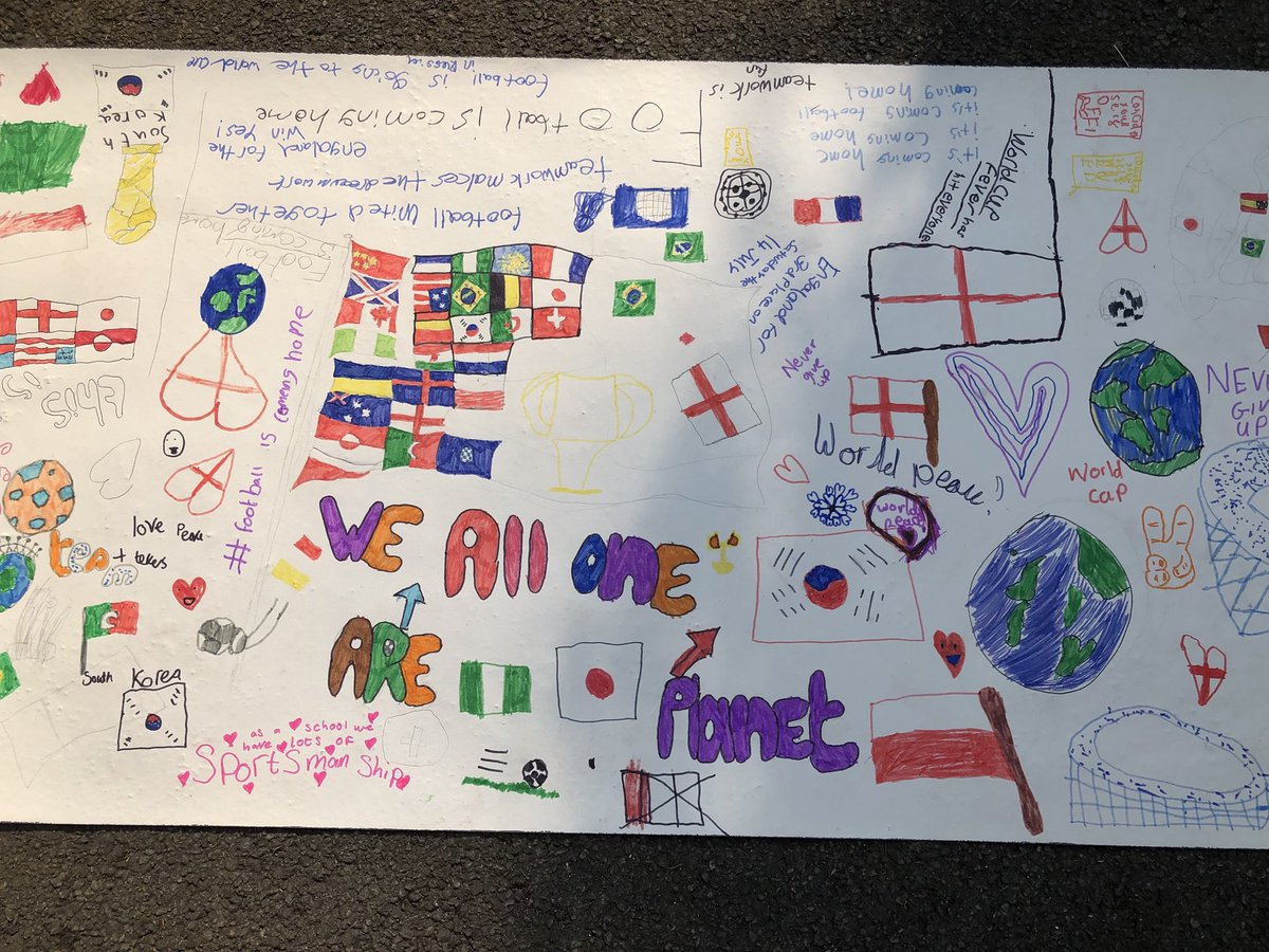 MissRReece's tweet photo. What a beautiful homage to the #WorldCup and an #unitedworld! It was all about #peace and #love today in KS2 @StMarysRCSch when we celebrated the World Cup and how it’s bringing so many people #together https://t.co/5F5O1QO3pR