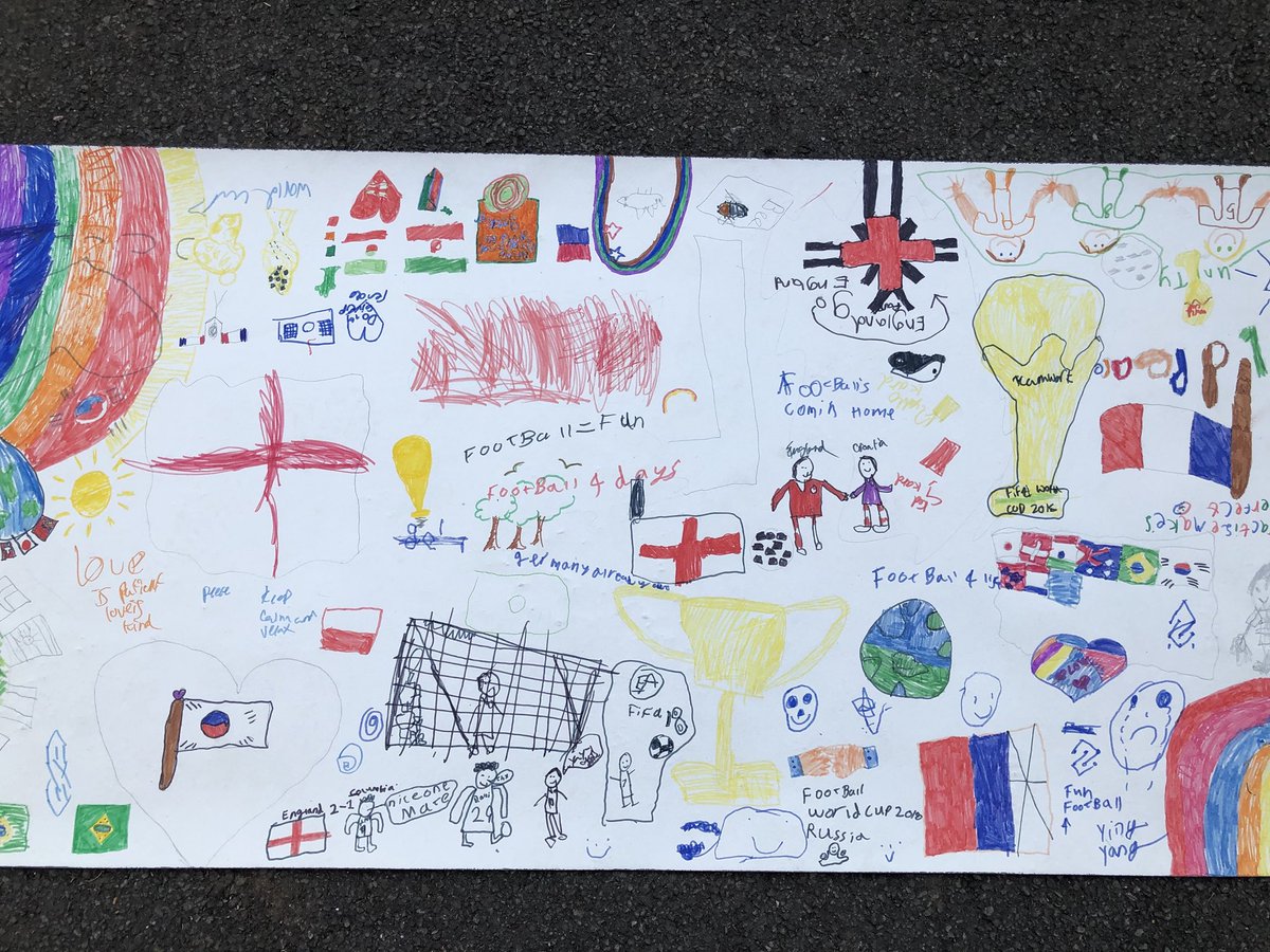 MissRReece's tweet photo. What a beautiful homage to the #WorldCup and an #unitedworld! It was all about #peace and #love today in KS2 @StMarysRCSch when we celebrated the World Cup and how it’s bringing so many people #together https://t.co/5F5O1QO3pR