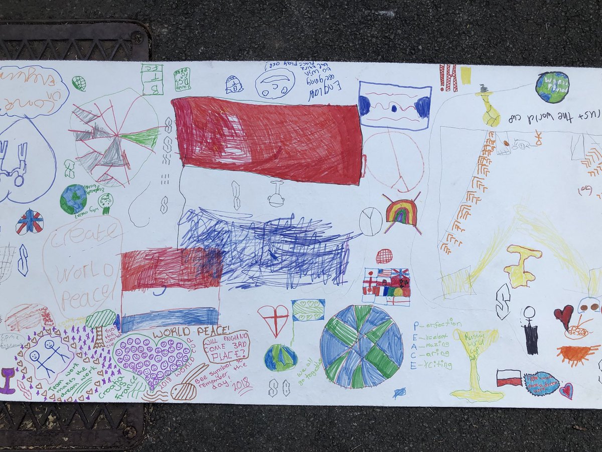 MissRReece's tweet photo. What a beautiful homage to the #WorldCup and an #unitedworld! It was all about #peace and #love today in KS2 @StMarysRCSch when we celebrated the World Cup and how it’s bringing so many people #together https://t.co/UrZ9FCIymQ