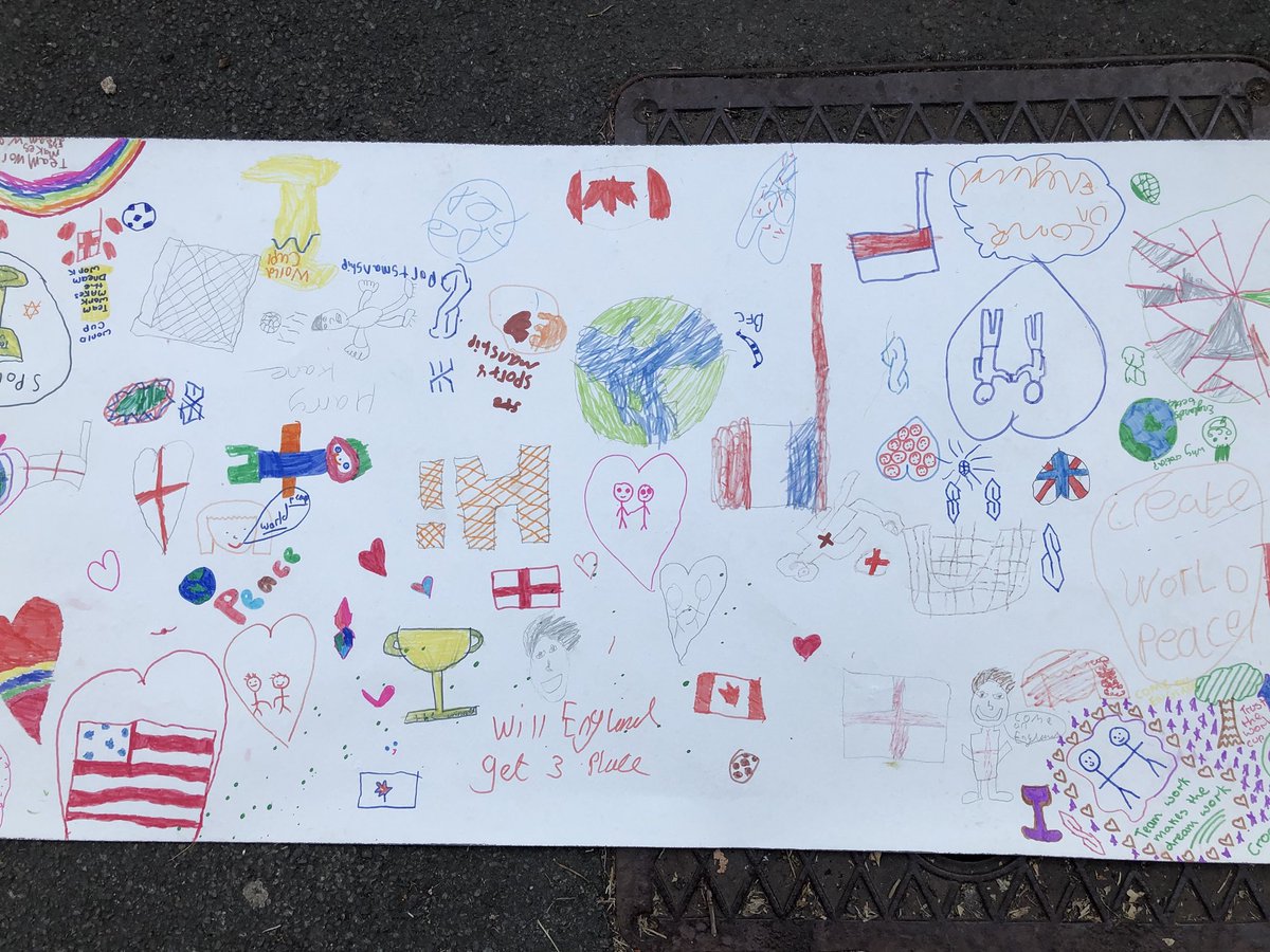 MissRReece's tweet photo. What a beautiful homage to the #WorldCup and an #unitedworld! It was all about #peace and #love today in KS2 @StMarysRCSch when we celebrated the World Cup and how it’s bringing so many people #together https://t.co/UrZ9FCIymQ
