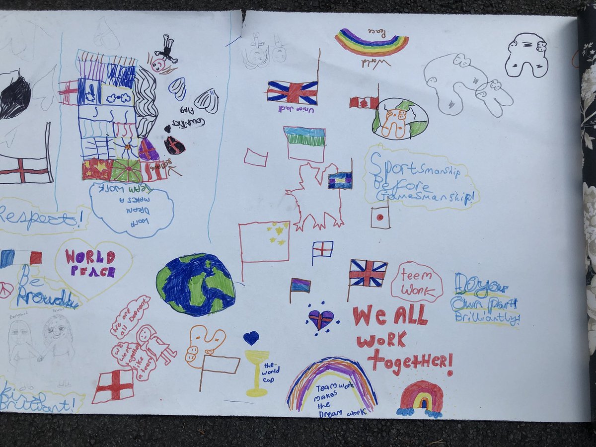 MissRReece's tweet photo. What a beautiful homage to the #WorldCup and an #unitedworld! It was all about #peace and #love today in KS2 @StMarysRCSch when we celebrated the World Cup and how it’s bringing so many people #together https://t.co/vIqiAITvN0