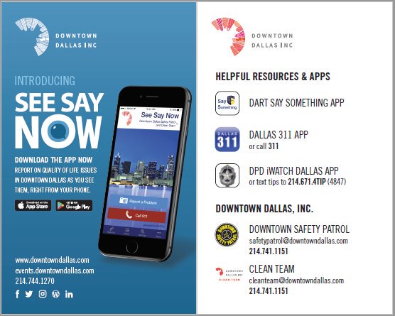 beb739ff2e2f4cc's tweet photo. Downtown Dallas, Inc. (DDI) is proud to announce the new See Say Now app for Downtown!  The free app enables users to safely and securely communicate with DDI's Downtown Safety Patrol (DSP) and Clean Team for non-emergency issues. https://t.co/xQHO6RVnCg
