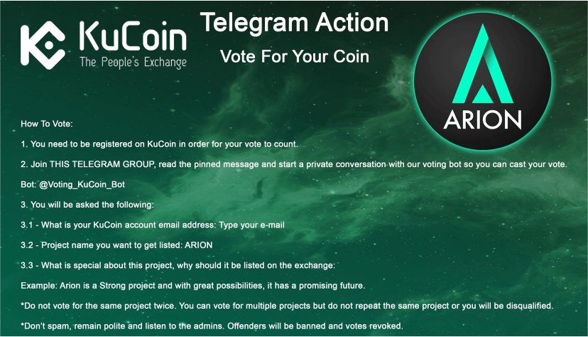 ARION_COIN's tweet photo. Vote to be listed on @kucoincom the bounty will be 500 Arion!
We only have two days of voting available so make every moment count
Post your proof of voting in the Telegram or discord to claim your prize
vote on @kucoincom https://t.co/Wjrto2pwOk … #voting #arioncoin #bounty4 https://t.co/AjZxGNtQ3a
