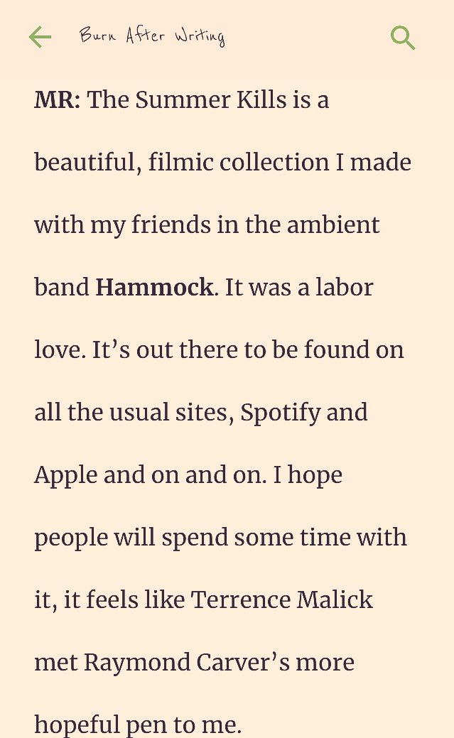 I love when The Summer Kills, Last Night We Became Swans, comes up in an interview. 

Pictured is the excerpt. 

You can read the full interview here if you like:

burnafterwriting.online/2018/07/interv…

- MR