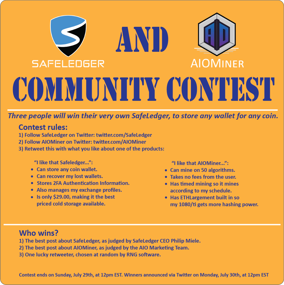 AIOMiner's tweet image. Are you ready for a free cold-storage device to #HODL all of your cryptocurrency wallets?!  

We're proud to present another Twitter community contest, sponsored by our partner, @SafeLedger! 

Here's how you win:

#Crypto #Community #Contest