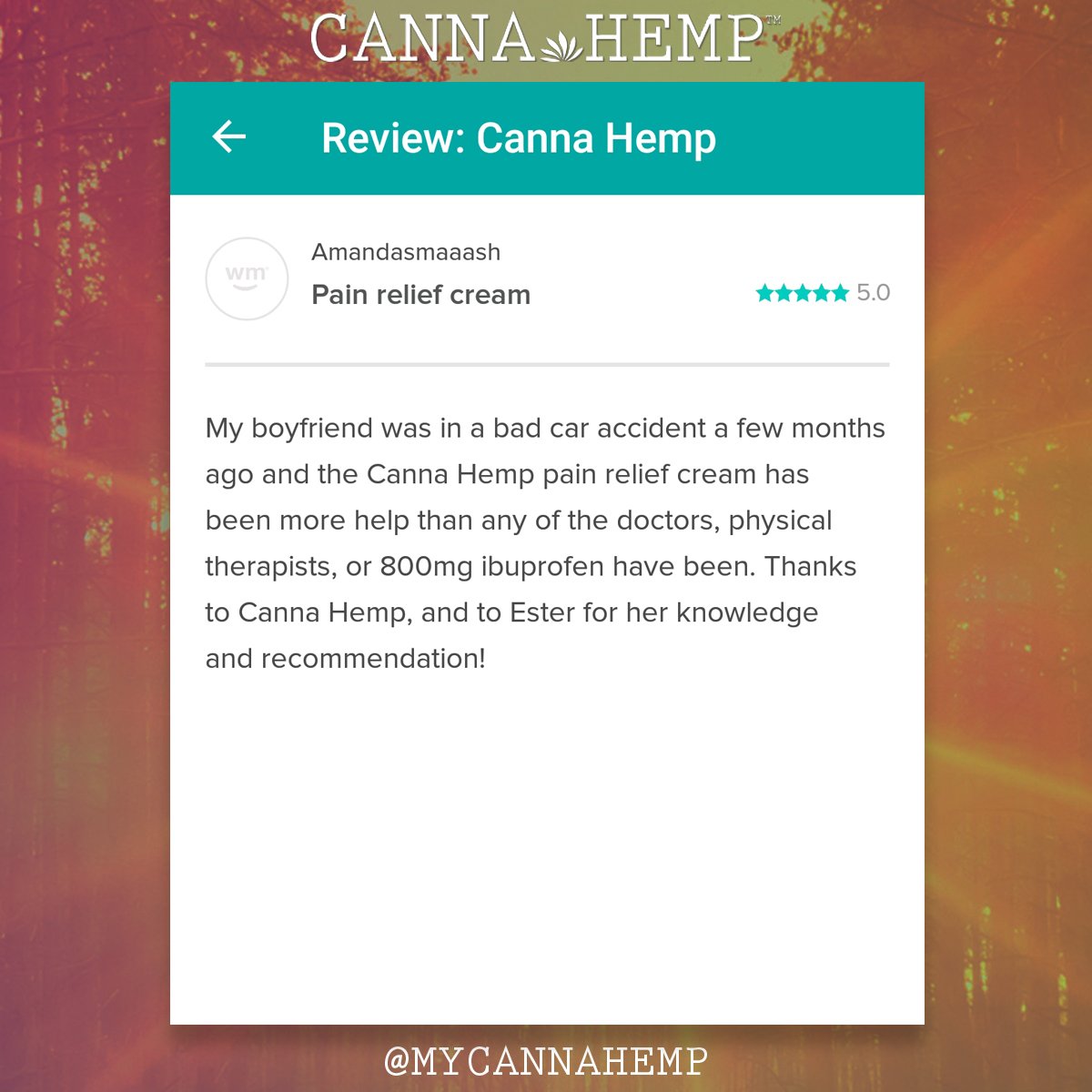 mycannahemp's tweet photo. A big “Thank you!” to Amanda for the 5-star review of our award-winning #CBD #painrelief cream on the @WeedMaps’ website! #CBDLife #CBDHeals #CBDCures #cannabidiol #hemp #MadeintheUSA #CBDCanHelp #CBDcommunity #CBDhemp #cannabis #weedmaps https://t.co/0i3DTORs21