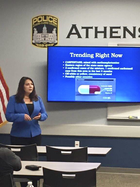 GBI_GA's tweet photo. #Chemistry Manager Deneen Kilcrease presents on drug trends at the NE GA Intelligence Network meeting at @accpolice yesterday. #intelsharing #networking #training https://t.co/xCt19xlL8K