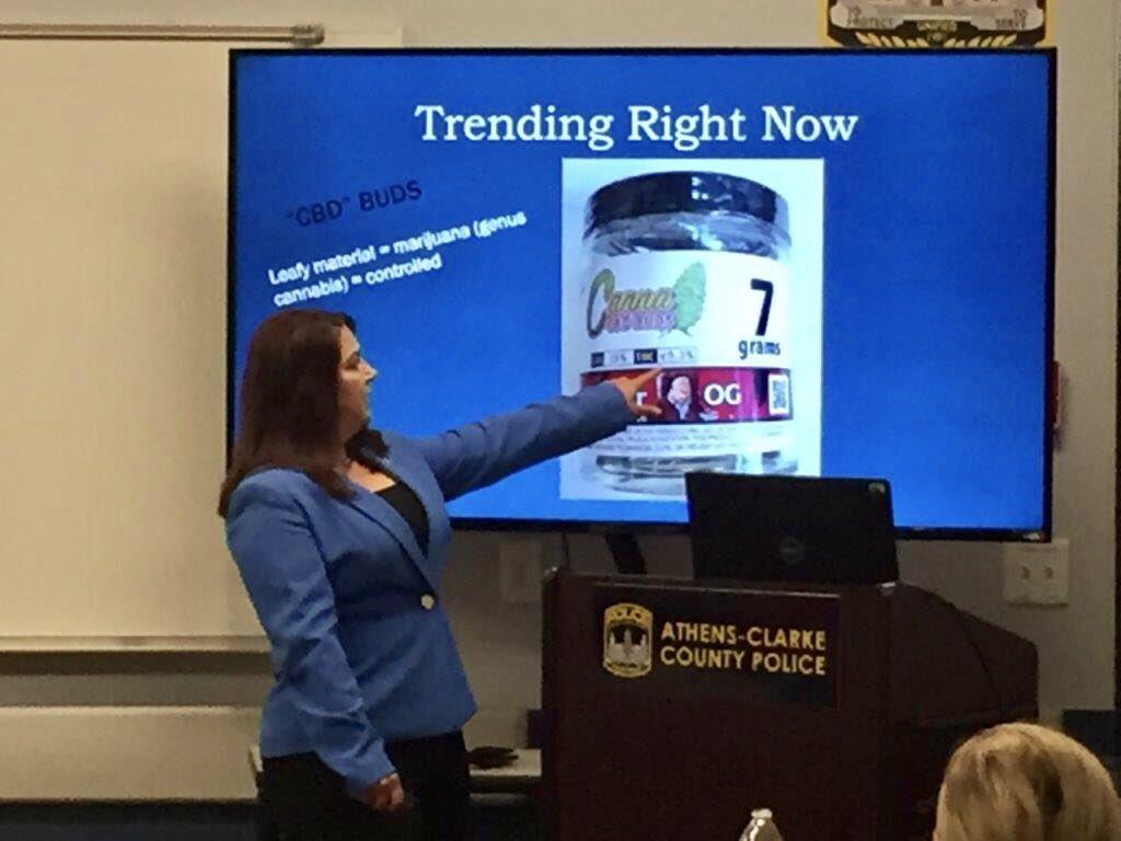 GBI_GA's tweet photo. #Chemistry Manager Deneen Kilcrease presents on drug trends at the NE GA Intelligence Network meeting at @accpolice yesterday. #intelsharing #networking #training https://t.co/xCt19xlL8K
