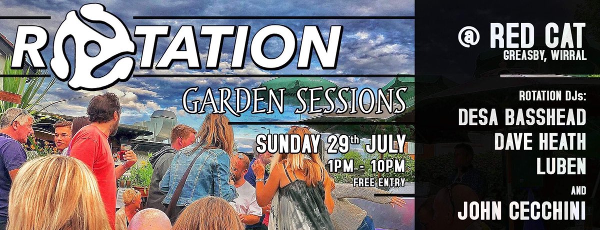 BASSHEADS's tweet photo. It's time to come together, The Rotation DJ's are back, at the Red Cat, Greasby (outside in the garden) on Sunday 29th July from 1pm - 10pm with special guest DJ &amp; Friend @johncecchini1 I'd love to see you and your funky mates once again for this all day FREE ENTRY session. x https://t.co/ceMmhI7Fag
