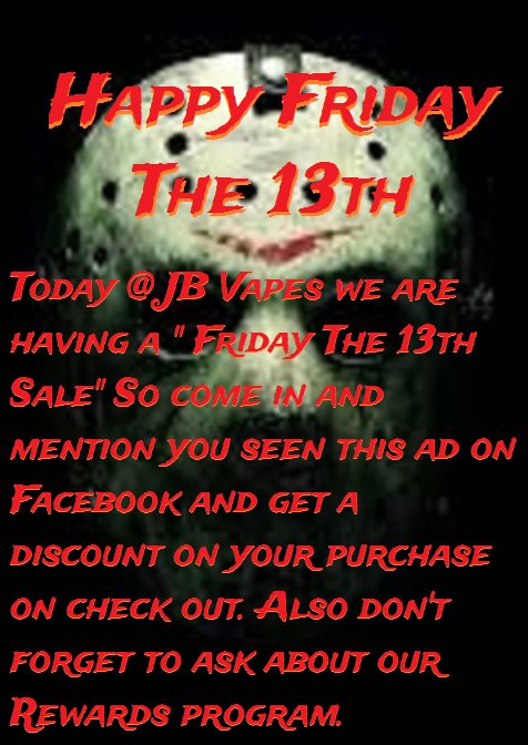 JB_Vapes's tweet photo. https://t.co/iSD8Rfp1gb #fridaythe13th #jasonsday #girlswhovape #guyswhovape #alldayvape #abillionlives #notblowingsmoke https://t.co/CF45KpICKY
