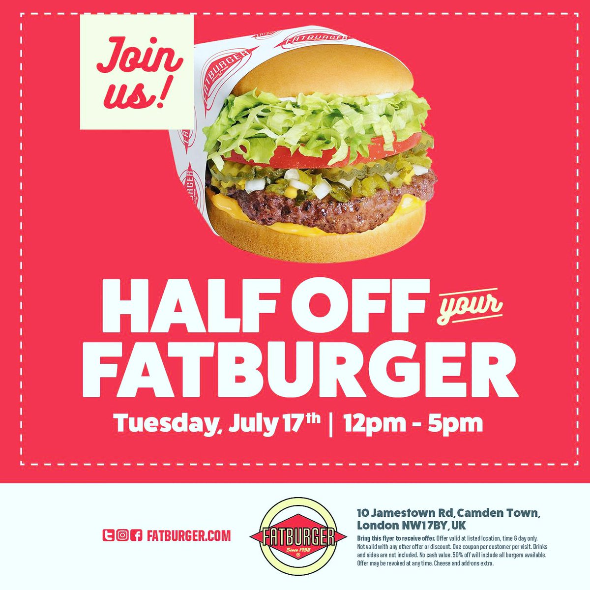 🔥🔥ONLY 4 DAYS TO GO🔥🔥

In just four days time global burger chain #FatburgerUK will launch its newest UK branch, in Camden Town.

To celebrate, we're giving away a 50% discount on all our 
delicious burgers.🍔🍔

So why not join in the fun?😎🎉🎈🎈

T&amp;C apply.