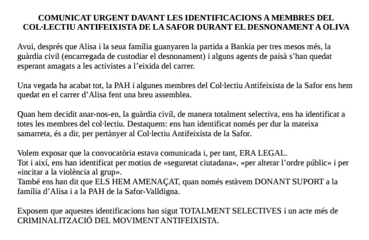 Antifes_Safor's tweet photo. 📢📢COMUNICAT URGENT📢📢

DAVANT LES IDENTIFICACIONS A MEMBRES DEL COL·LECTIU ANTIFEIXISTA DE LA SAFOR DURANT EL DESNONAMENT A OLIVA https://t.co/pFtMNlnKI7