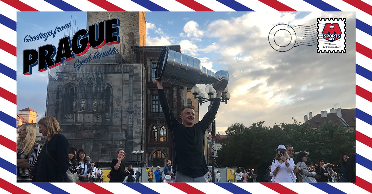 MonSportsNet's tweet photo. @ovi8 @Kuzya92 @orlov_09 @JVranaa Dear D.C.,

I went to Prague with @Jvrana &amp; met his whole family at their restaurant! We celebrated with lots of 🍾 &amp; 🍺 &amp; cheered in the streets. I saw @andreburakovsky &amp; @satoransky too! Here we are in front of the famous 🕰️ tower.   

On to 🇨🇦,
Stanley

#ALLCAPS #CupCards https://t.co/4OtG8Ae3yl