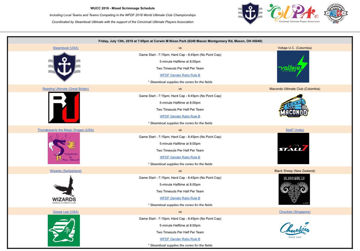 cincysfb's tweet photo. Come check out some more #WUCC2018 mixed scrimmages tonight!

1️⃣ Location 🏙
5️⃣ Games 🏆
1️⃣0️⃣ Teams 🏃‍♀️🏃‍♂️
7️⃣ Countries
🇺🇸🇨🇴🇸🇬🇬🇧🇨🇭🇳🇿🇮🇳

#ultimate https://t.co/oqEfQrLGn3