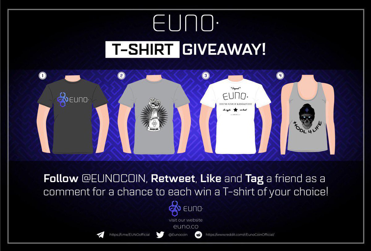 EunoCoin's tweet photo. #EUNO is giving away 2 FREE $EUNO T-Shirts as part of the upcoming launch of our online merchandise store!

In order to participate, follow @EUNOCOIN, Retweet, like and tag a friend on this post that you also want to win.

Winners will be announced on July 23rd.  Good Luck! https://t.co/yhZwOh19wb