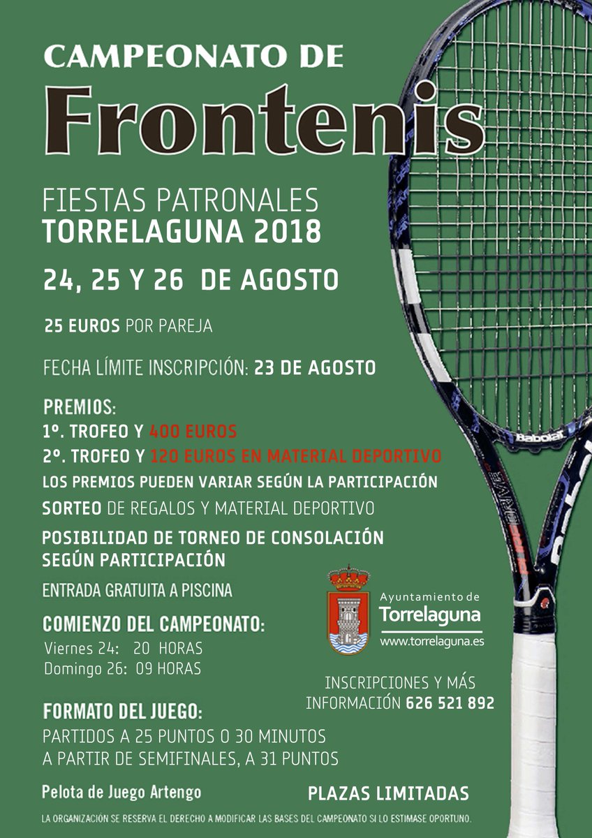 AytoTorrelaguna's tweet photo. Con motivo de las Fiestas 2018, el Polideportivo de Torrelaguna organiza una serie de campeonatos, entre ellos de frontón y pádel. 24, 25 y 26 de agosto. Abierto Plazo de Inscripción. Más información en la Piscina y en el número de teléfono 626 521 892. https://t.co/DYDqD0OUzZ