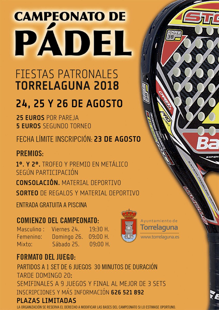 AytoTorrelaguna's tweet photo. Con motivo de las Fiestas 2018, el Polideportivo de Torrelaguna organiza una serie de campeonatos, entre ellos de frontón y pádel. 24, 25 y 26 de agosto. Abierto Plazo de Inscripción. Más información en la Piscina y en el número de teléfono 626 521 892. https://t.co/DYDqD0OUzZ