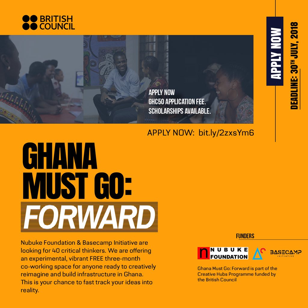 InfoNubuke's tweet photo. Nubuke Foundation &amp; Basecamp Initiative are looking for 40 critical thinkers for #GhanaMustGo:Forward - an experimental, vibrant FREE three-month co-working space for anyone ready to creatively reimagine and build infrastructure in Ghana. APPLY NOW: https://t.co/5xrmUN8akZ https://t.co/1lbFE118vU