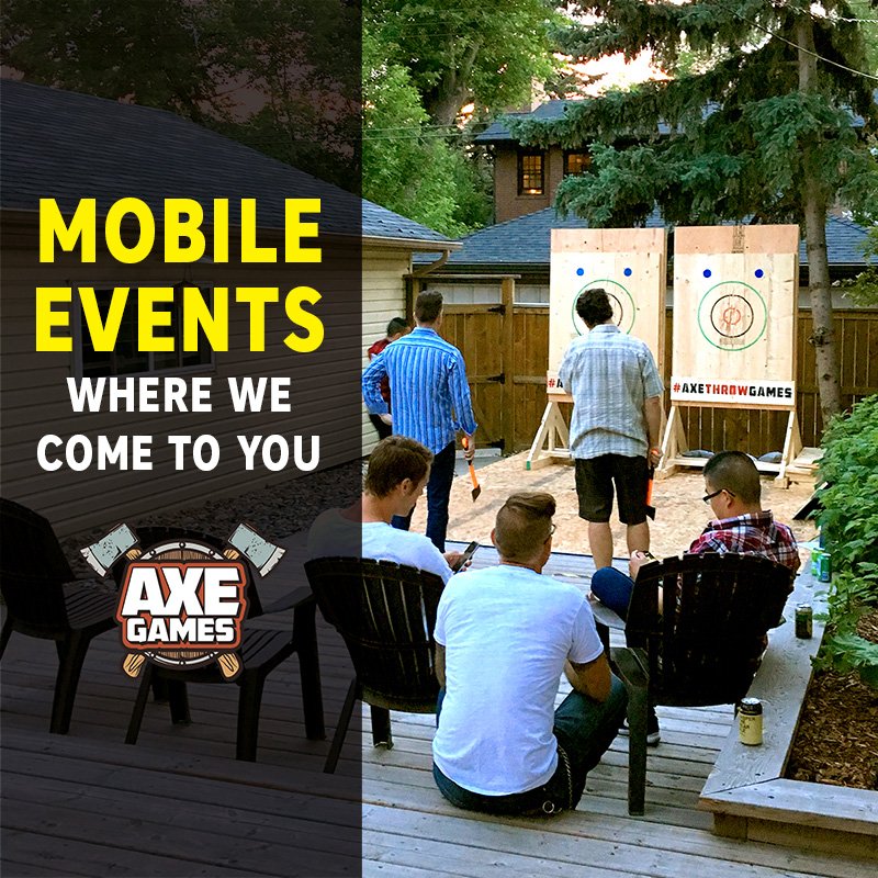 MOBILE AXE THROWING EVENTS! Experience axe throwing in an indoor or outdoor setting of your choice! Our events are fully insured, run by an axe coach, we provide everything, and we offer half day and full day bookings. axegames.ca/mobile #axethrowgames #axethrowing #yyc