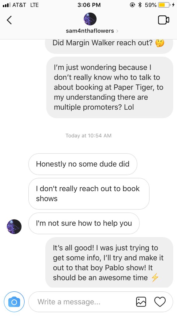 marcosisgood's tweet photo. @sam4nthaflowers I didn’t realize reaching out to fellow musicians for info on promoters/venues/etc could be considered “annoying” 

There’s no jealousy here, I love seeing other bands in the scene on big shows 

Sorry you feel this way 🤷‍♂️ https://t.co/no7aQyF23S