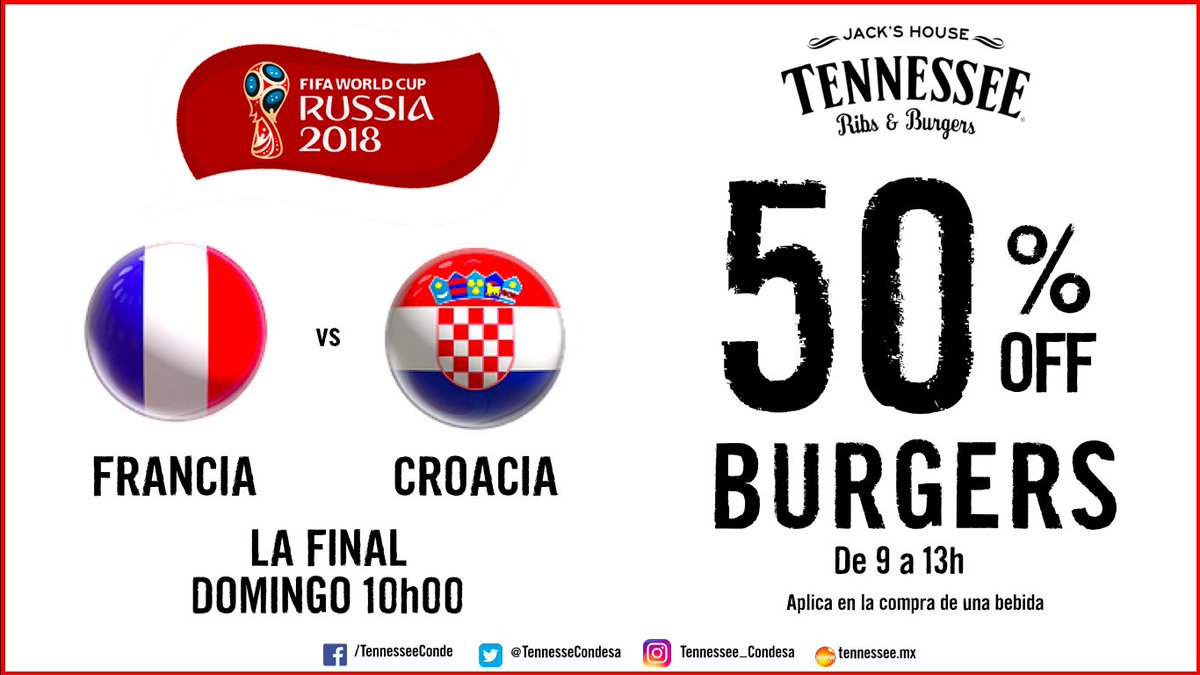 TennesseCondesa's tweet photo. Termina #Rusia2018 Ven a disfrutar de #LaFinal en nuestras #8Pantallas este domingo desde las 9h30 abriremos nuestras puertas. #Burgers50off 🍔 #Francia 🇫🇷 #Croacia 🇭🇷 #CampeónDelMundo 🏆#TennesseeBurgers #MundialRusia2018 https://t.co/WofpsaUMXD